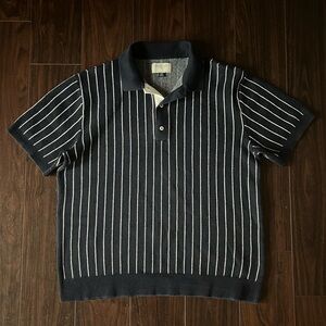 American Eagle Outfitters Navy Blue and White Striped Polo